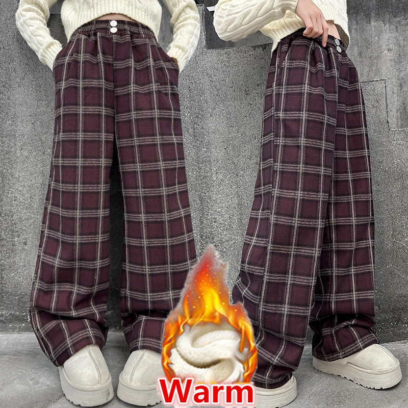 

Loose Straight Kids Girl Winter Warm Plaid Pants with Buttons Female Children Insulated Trousers Casual Thermal Sweatpants 4-14Y