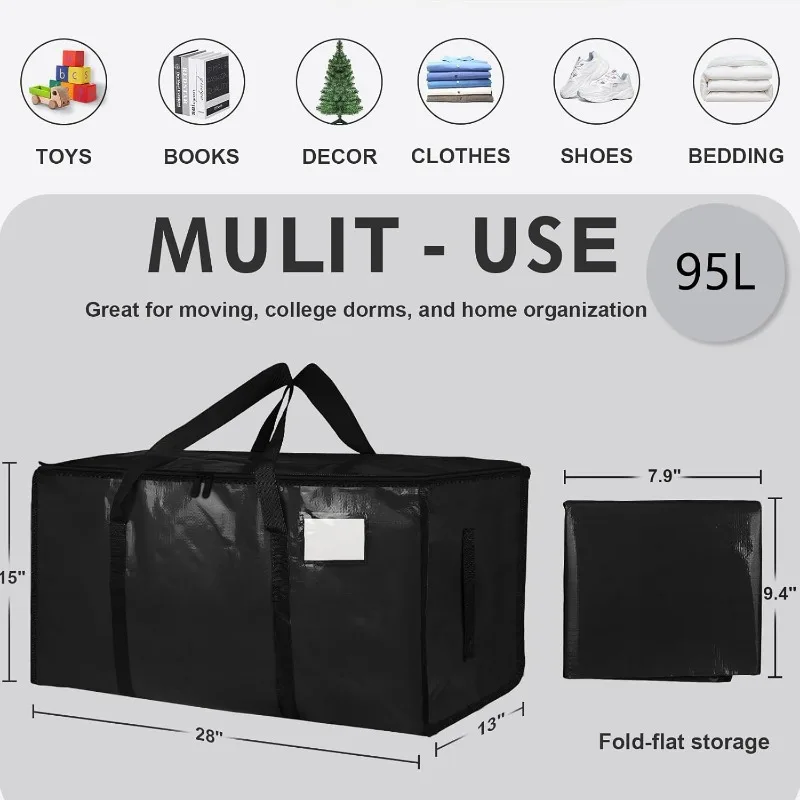 Heavy Duty Moving Storage Bags, Extra Large Waterproof Tote Bag with Reinforced Handles & Zipper, Label Pocket, Foldable Organizer for Clothes Bedding Moving Travel