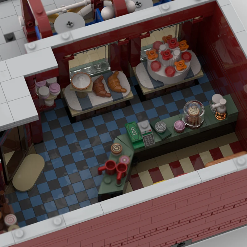 Cidade rua vista modelo moc tijolos de construção padaria e pastelaria tecnologia modular presentes feriado montar crianças brinquedos terno