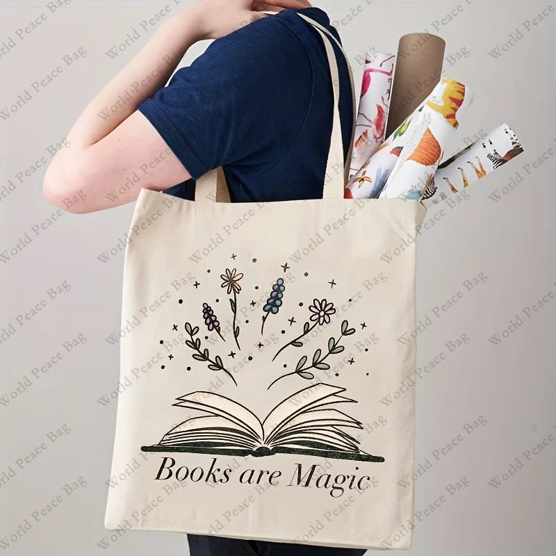 Books Are Magic Pattern Tote Bag, Casual Shoulder Bag, Wildflowers Shopping Bag, Canvas Tote Bag  Shopper ,gift for Her