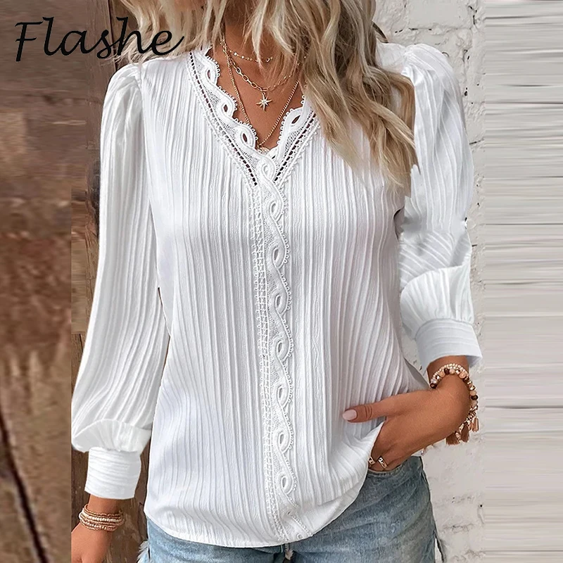 Elegant Women Blouse Shirt V Neck Lace Patchwork Long Sleeve White Shirts For Women Autumn Casual Pullover Tops