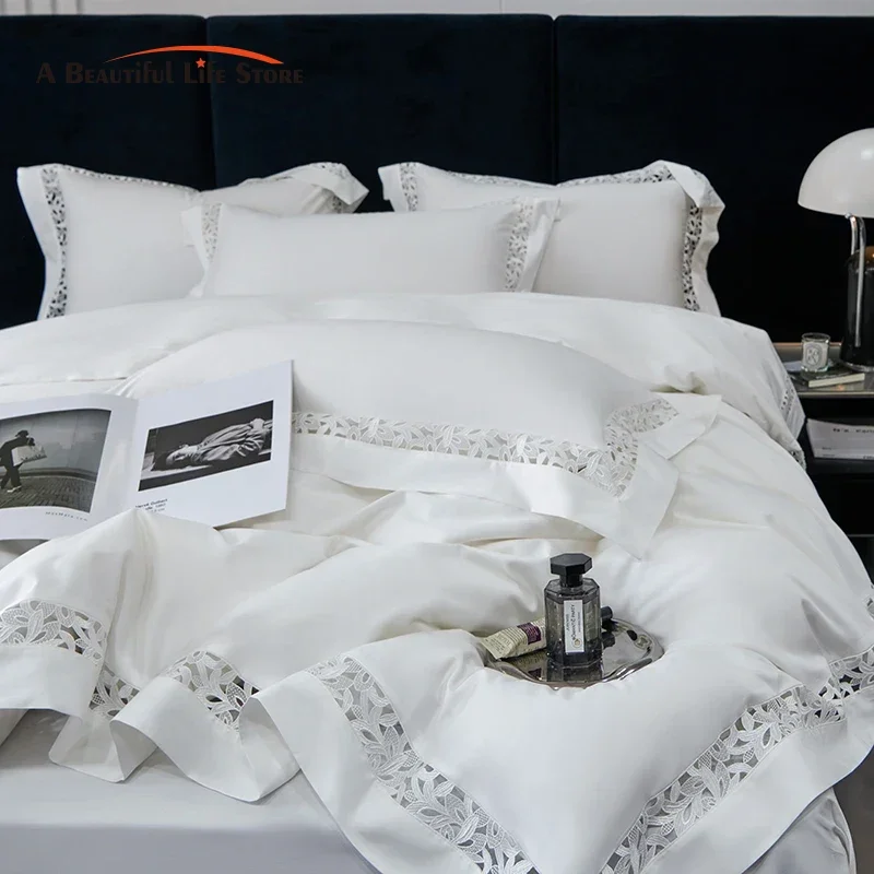 High Quality 1200TC Egyptian Cotton Bedding Set, Hollow Lace Broad Side, Luxury Duvet Cover, Flat, Fitted Bed Sheet, Pillowcases