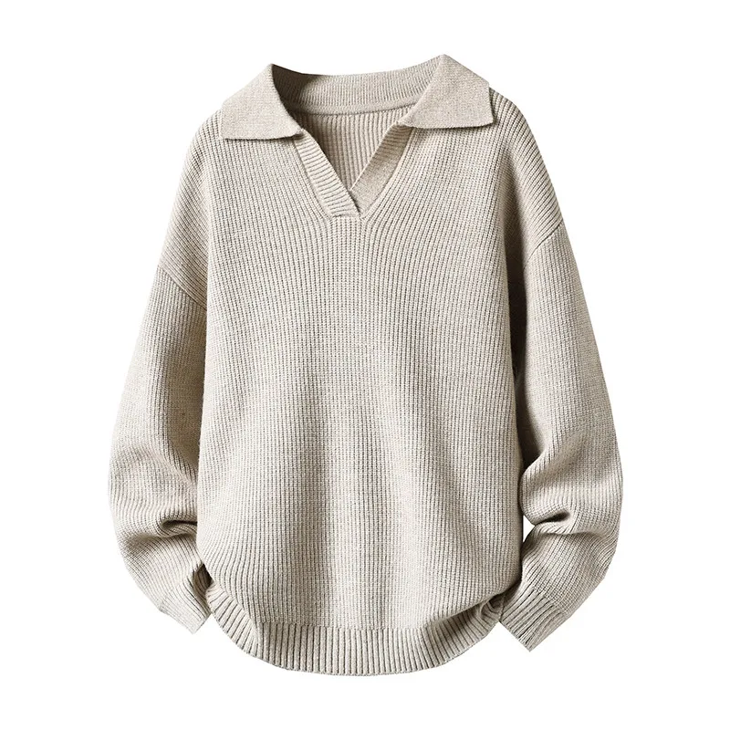 

Модный вязаный свитер, повседневный мужской топ с длинными рукавами и воротником, модная осенняя однотонная рубашка из пряжи, универсальная, удобная, хорошо сидящая по фигуре.