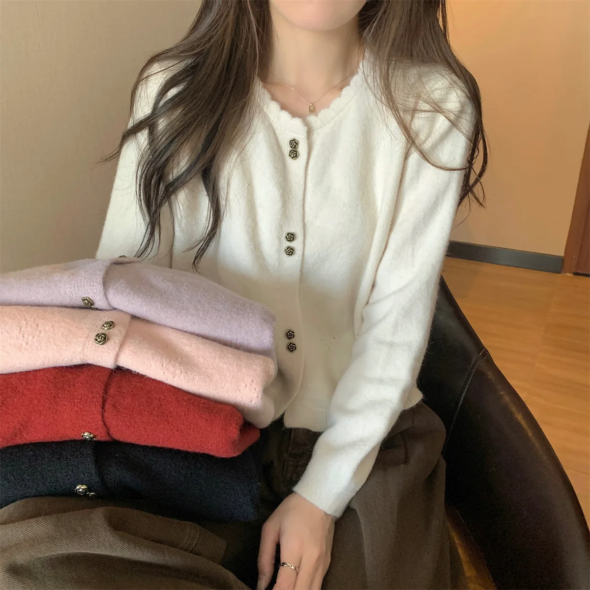 

Gentle And Sweet Wind Ear Edge Round Neck Knitted Shirt For Women 2024 Autumn New Long Sleeve Sweater Women's Cardigan Coat