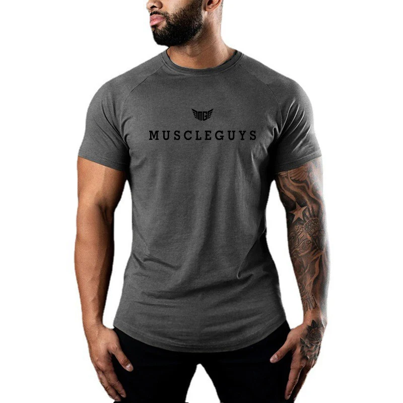 Męskie koszulki sportowe do biegania letnia siłownia trening treningowy stretch T shirt męskie wycięcie pod szyją koszulka Fitness wąska odzież