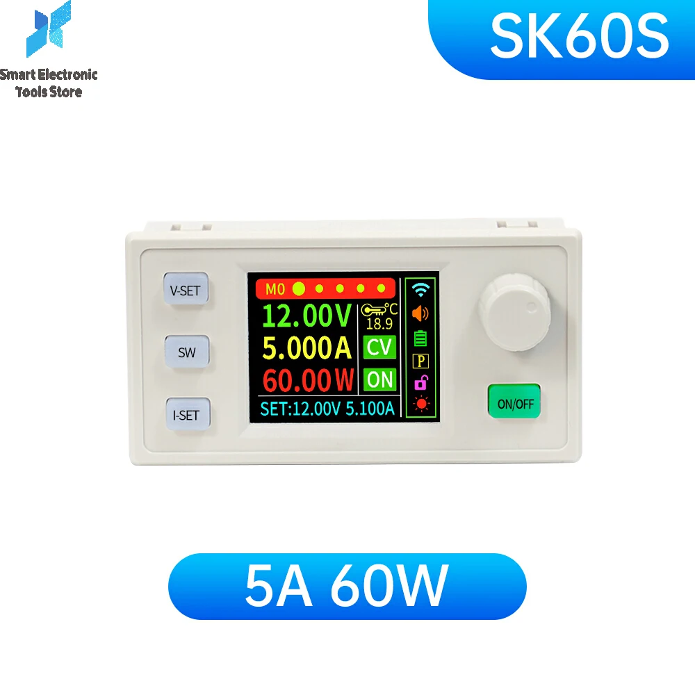

SK60S 5A 60W Регулируемый понижающий преобразователь постоянного тока с ЧПУ с защитой от обратного потока, модуль питания 6-36V до 0-40V CC CV, модуль солнечной зарядки