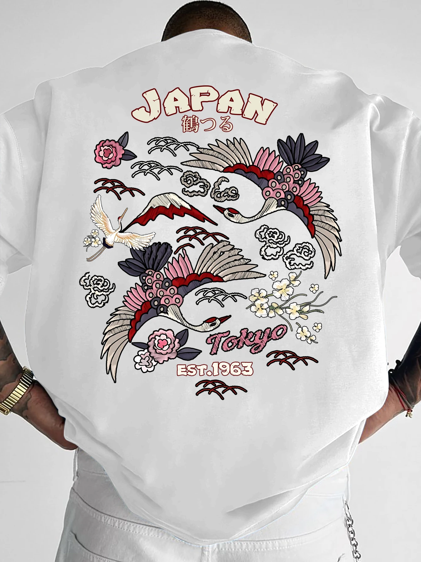 Men Japan Tokyo Red-crowned Crane Mount Fuji Floral Back Print Oversized Short Sleeve T-Shirt S-XXL