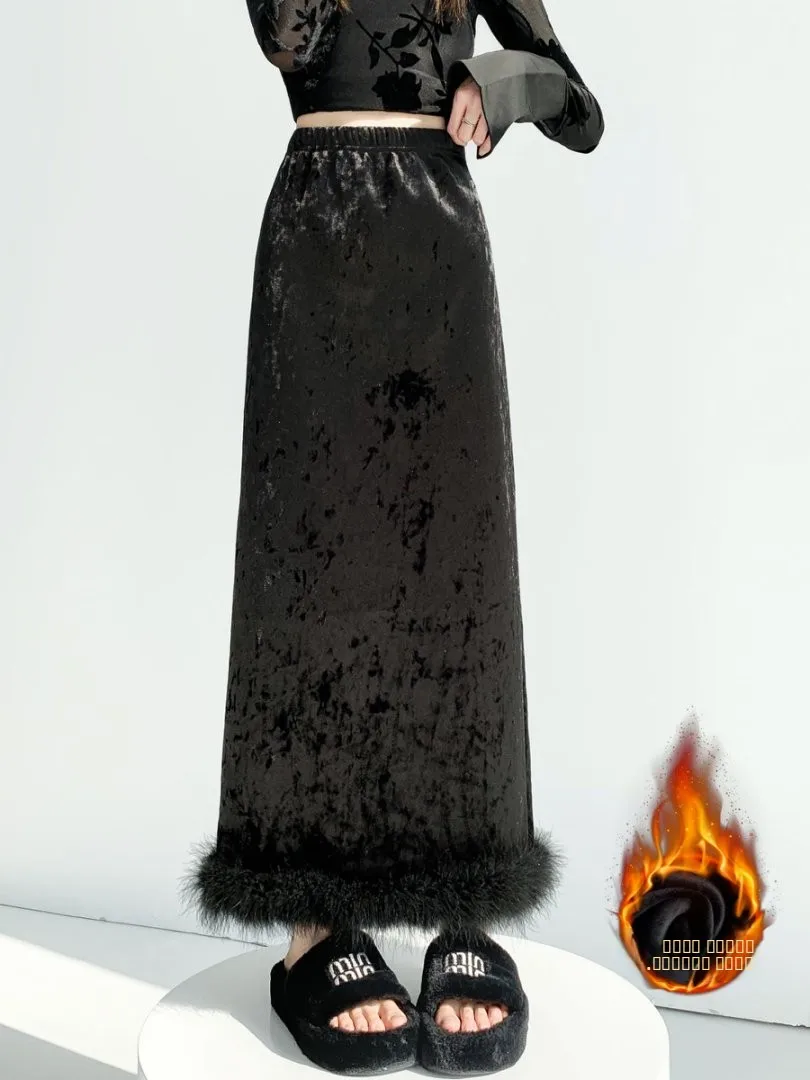 

Новая китайская женская зимняя юбка с высокой талией, на флисовой подкладке, из бархата и искусственного меха, А-силуэт, облегающая, длинная, мягкая и удобная