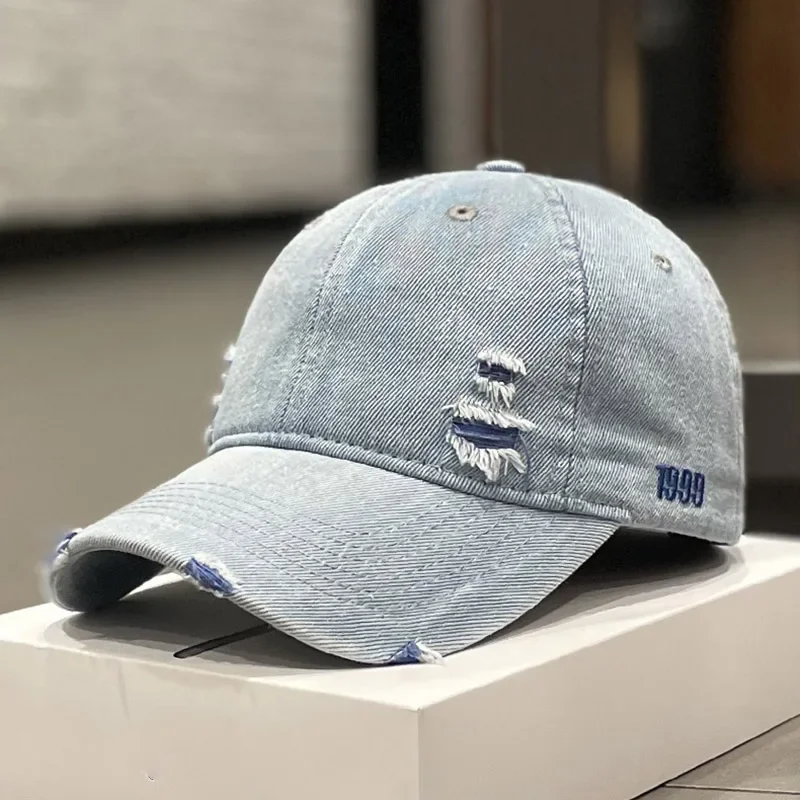 Washed Denim cotton baseball cap Vintage broken hole cap women\'s four seasons  simple fashion versatile  leisure hats for men