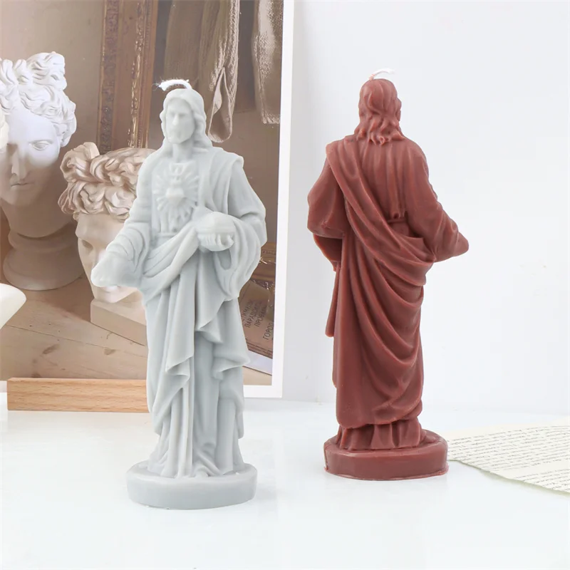 Large Size 3D Jesus Statue Candle Silicone Molds DIY Catholic Human Statue Cement Gypsum Resin Making Mould Religious Home Decor