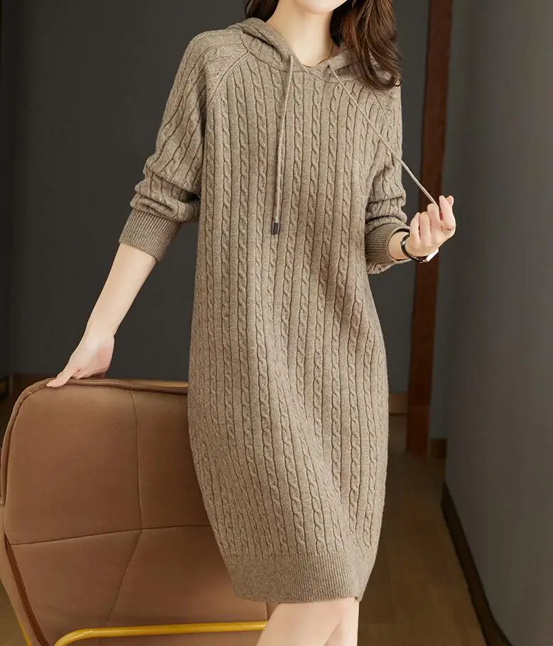 New Autumn/Winter Fashion Long Sleeved Loose Knitted Thick Solid Color Hooded Dress For Women,4 Colors