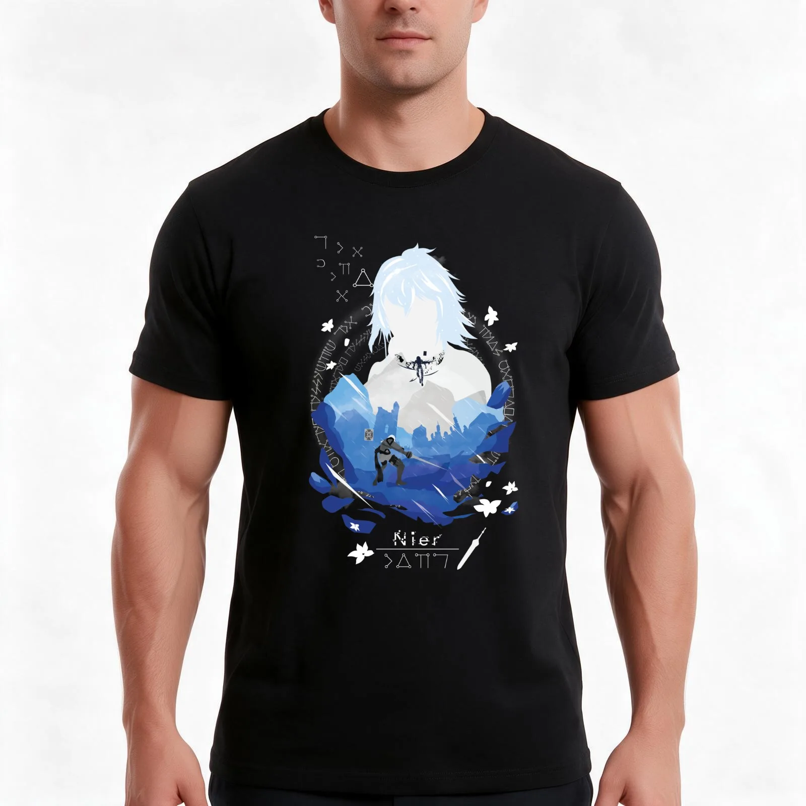 Brother Nier Negative Space T-Shirt, Summer Casual Cotton Tee, Oversized Streetwear Tops, Vintage Graphic Print, 100% Cotton