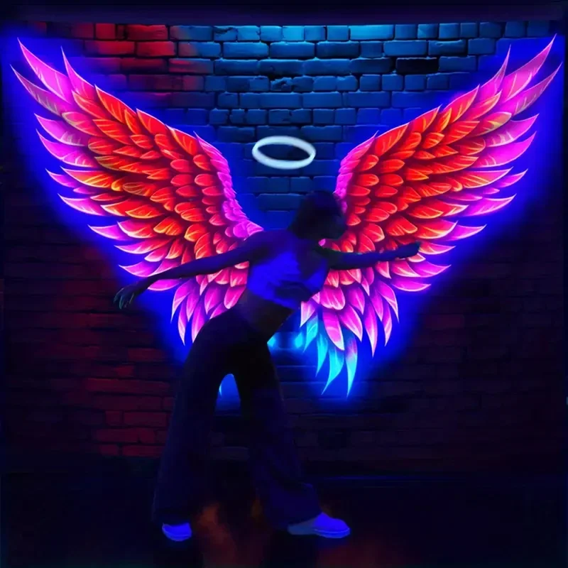 VIKAMA Blacklight Glow Angel Wings Wall Tapestry Colorful Neon Wing Pattern Large Fabric Wall Blanket for Party Room Decor