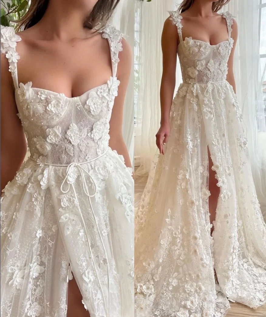 

Lace Wedding Dresses Hand Made Flowers A Line Side Slit Bow Bridal Dresses Wedding Gowns