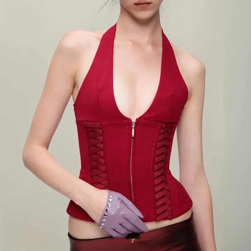 

Sexy Off Shoulder Backless Women Halter Top Neck Tie Waist Cinching Zipper Vest Girl Slimming Versatile Temperament Ropa Mujer