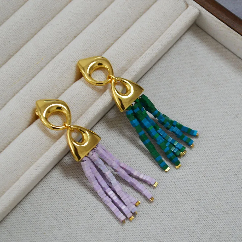 

Trendy Jewelry Niche Design Retro Fashion Exaggerated Personality Square Piece Green Stone Strand Tassel Earrings Purple Stone
