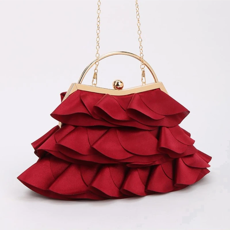 2026 New Pure Color Wedding Party Handbags Sweet Ruffled Petal Pleated Evening Bag Fairy Bucket Bag with Long Shoulder Chain
