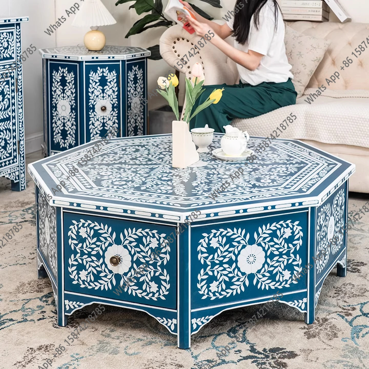 Light luxury mid-life solid wood living room coffee table art octagonal table art pattern small apartment low table vintage furn