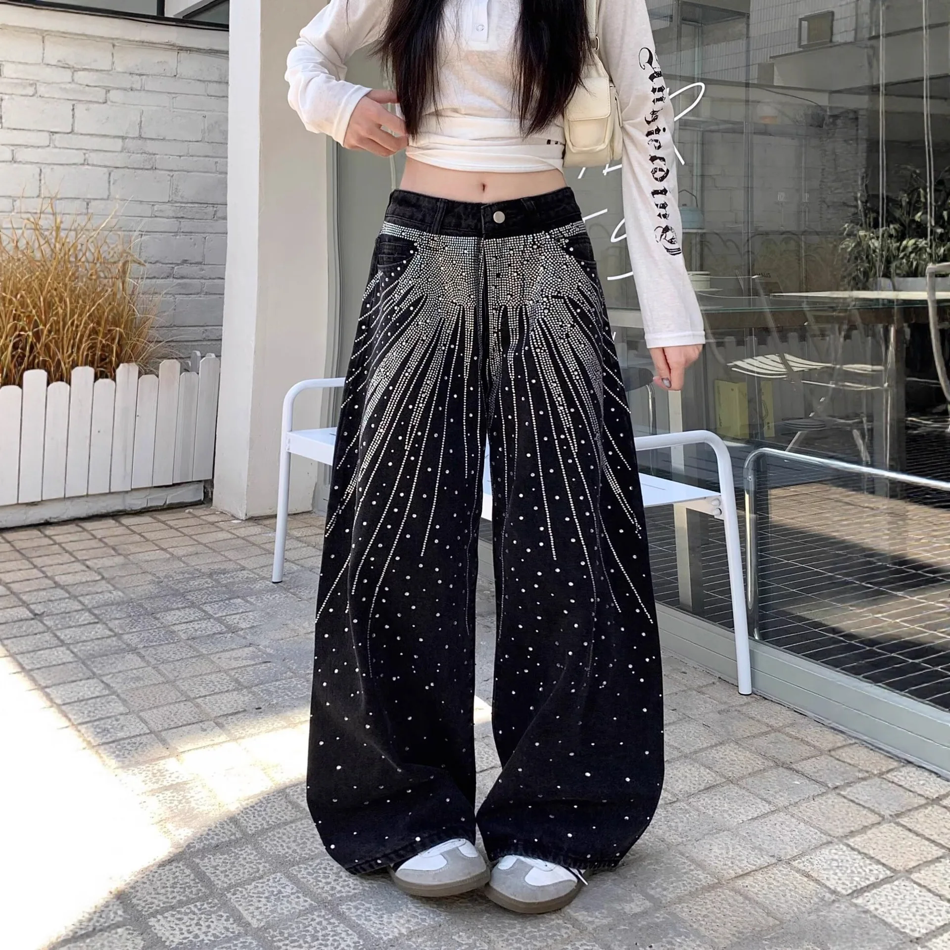 Four Seasons Fashion Women's Black Solid Color Wide Leg Straight Simple Basic Diamond Studded Jeans Pants Female Denim Trousers