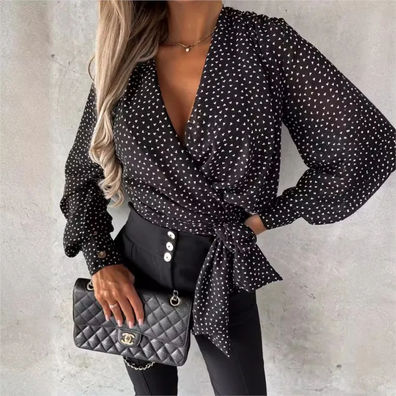 Autumn New Women\'s Shirt Cross Tie Long Sleeved Leopard Print Flower Print V-neck Ladies Lantern Sleeves Cinched Sexy Blouse