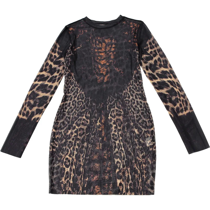 Bangniweigou Sheer เสือดาวตาข่ายชุดผู้หญิงแขนยาว bodycon สั้น robe ไนท์คลับสวมใส่