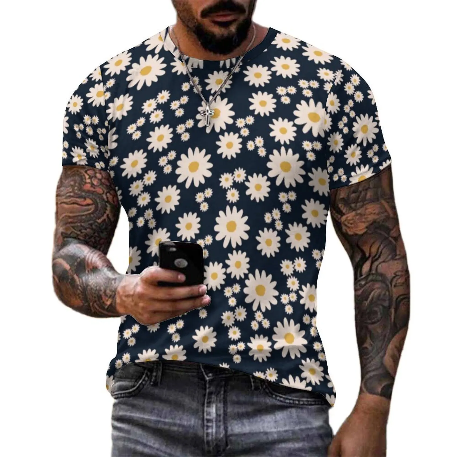 Oversized T-Shirt Original White Daisy T-Shirts Cute Floral Print Funny Crew Neck Tee Shirt Man Novelty Custom Top Tees