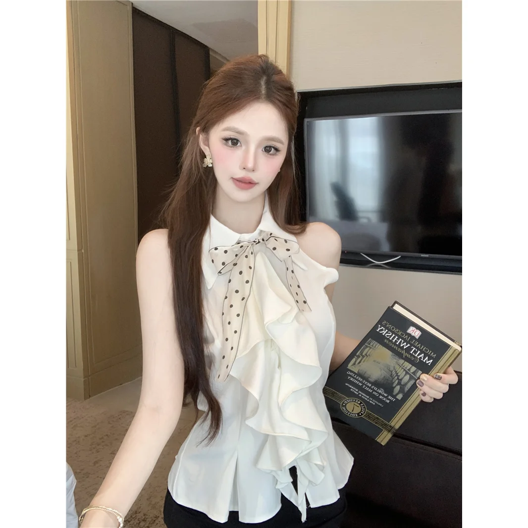 

Camisas De Mujer 2025 Summer French Style Sleeveless Strapless Top Ruffle Satin Shirt Polka Dot Slimming Blouses