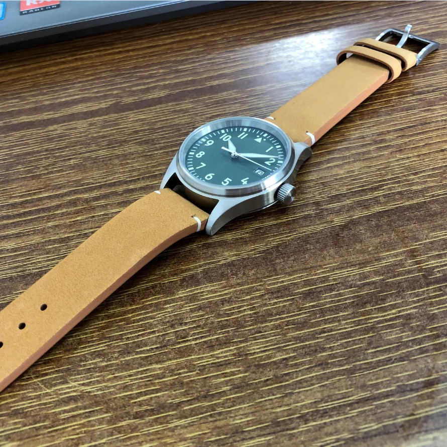 New 39mm  Green Dial No Logo C3 Luminous Japanese NH35 Automatic Mechanical Movement Pilot Men's Watch GR0801-25