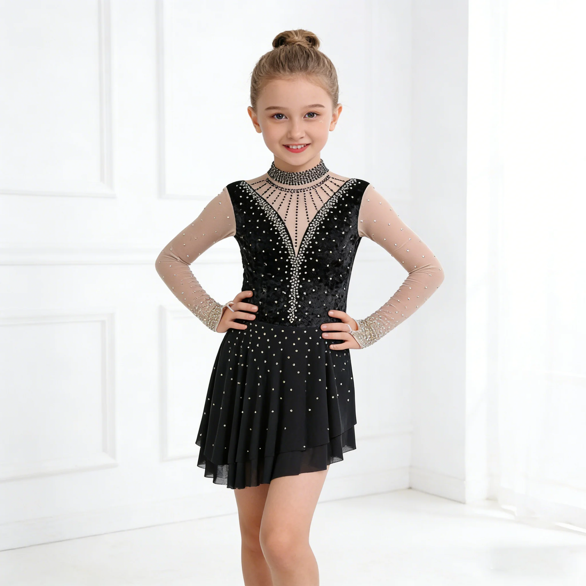

Elegant Black Velvet Figure Skating Dress with Sparkling Rhinestones Long Mesh Sleeves Tiered Skirt for Competitive Performance