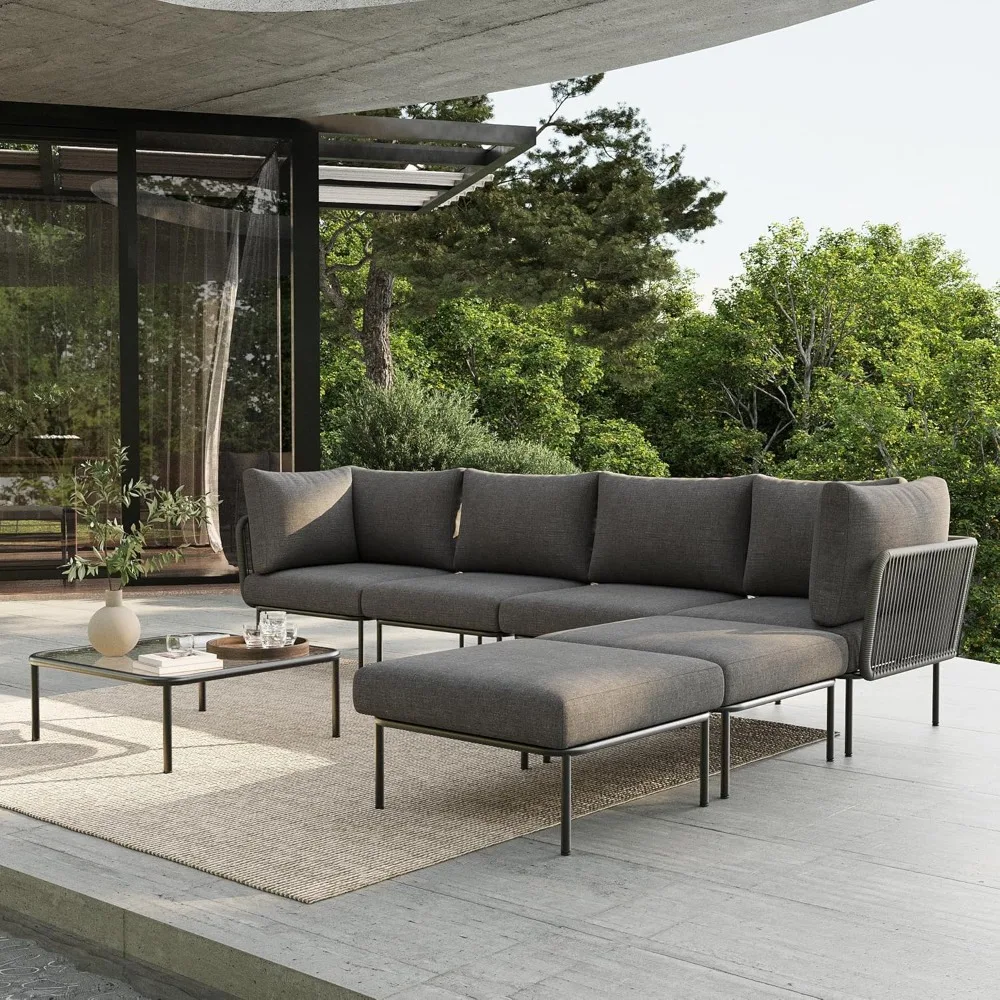 

7 Piece Modern Outdoor Rope Wicker Sectional Patio L-Shaped Conversation Sofa Set Deep Seating with Thick Cushions