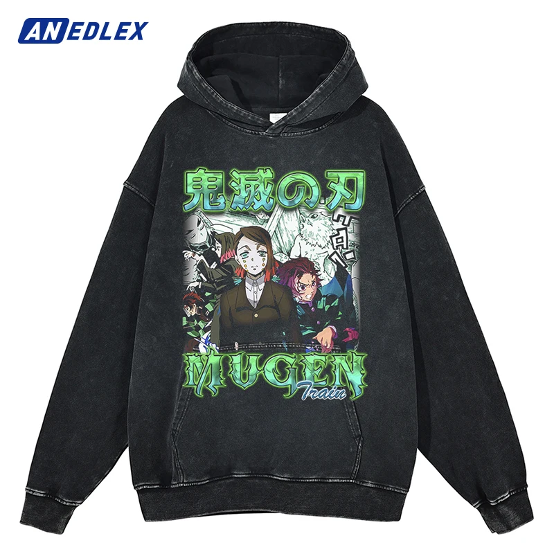 Men Washed Hoodie Sweatshirt Vintage Japan Anime Graphic Print Pullover Streetwear Autumn Fashion Harajuku Casual Loose Hooded