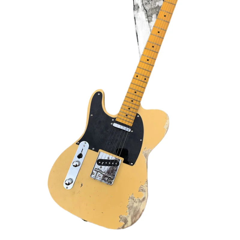 Left Hand Electric Guitar Tel light yellow Body Rosewood Fingerfrets Fixed Bridge Black Pickguard  Factory Custom