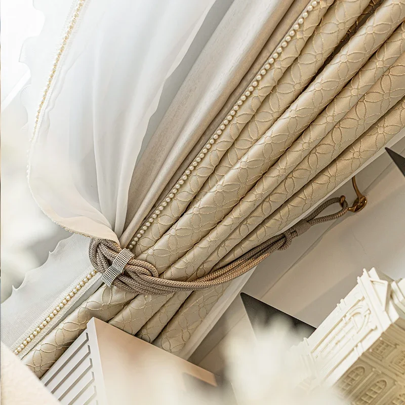 Luxury French Curtain for Living Room Bedroom, High Precision Curtain Cream Colored Pearl Curtain Clover Relief Home Decoration