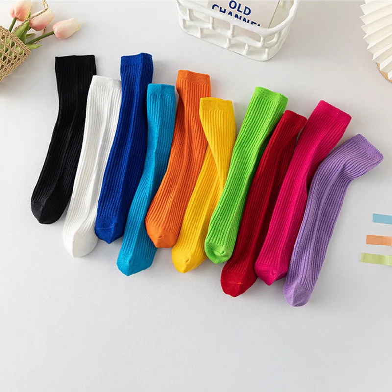 1 Pair Knee High Sock for Kids Girls Korean Fashion Simplicity Solid Color Calf Sock for Children Boy Girl Striped Cotton Sock