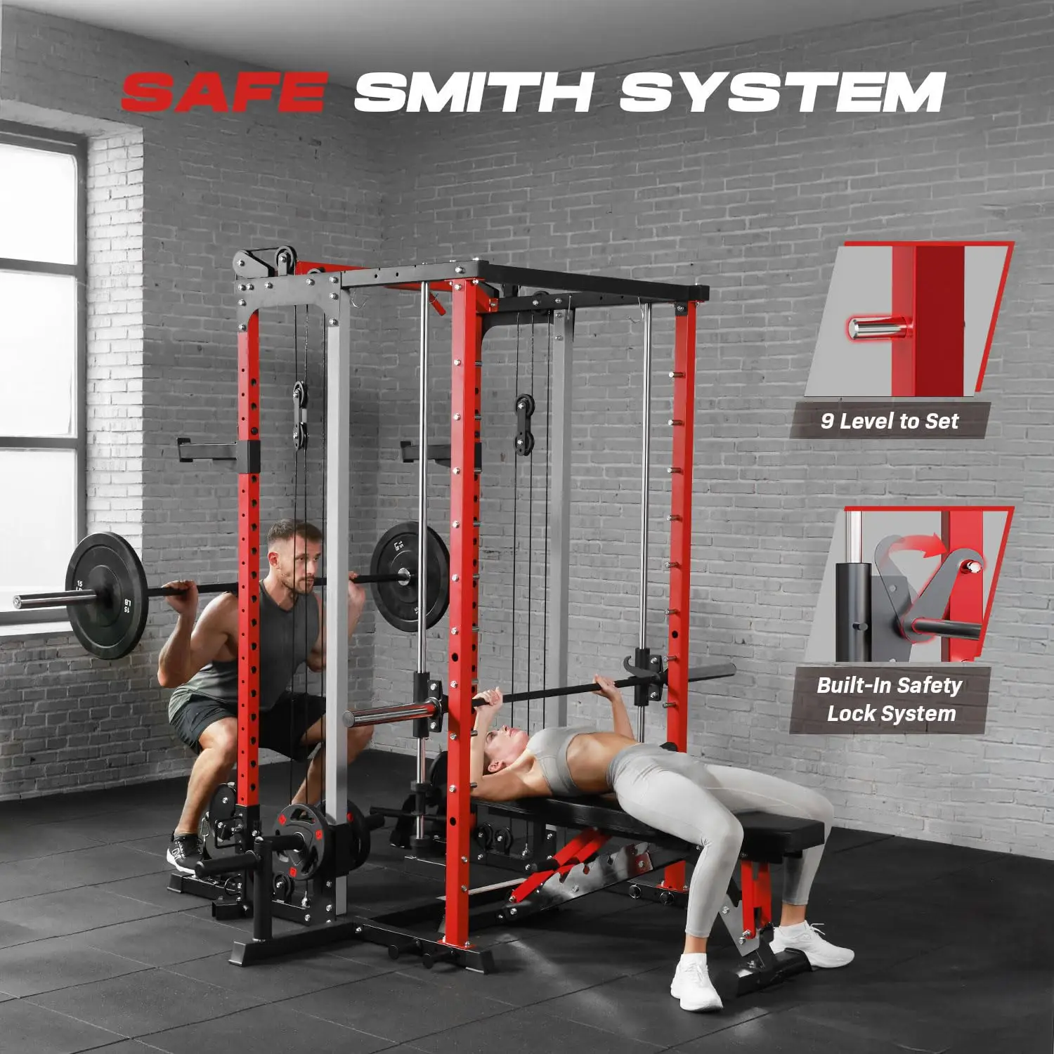 Smith Machine Home Gym, Multi-Function Power Cage with Dual Pulley Cable Crossover System, All-in-One Squat Rack with