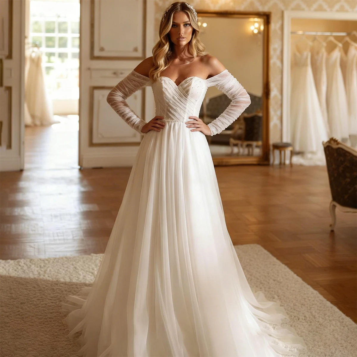 

Elegant Sweetheart Pearl Wedding Dress With Train Long Sleeve A Line Ball Gown For Bride Vestidos Novia Tulle Bridal Party Gown