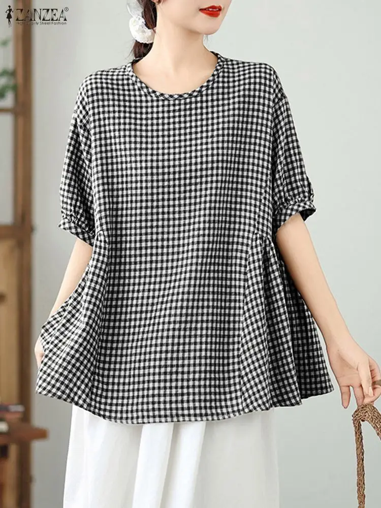 เสื้อผู้หญิง ZANZEA รุ่นซัมเมอร์ 2025 ทรงหลวม ลายสก็อต แขนสั้น คอทรงโอ สไตล์ลำลอง เรียบหรู จับจีบ เหมาะสำหรับทำงาน
