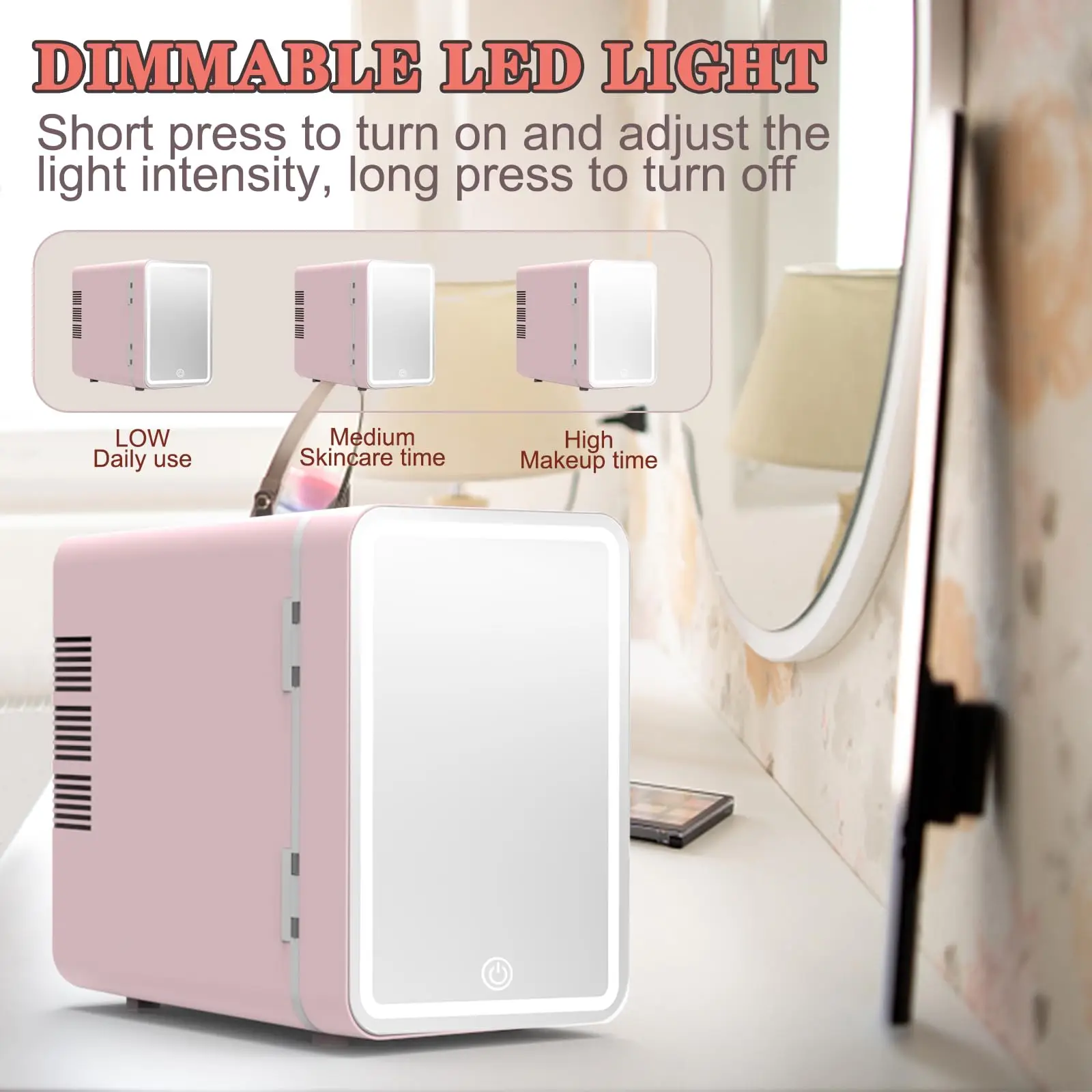 Easy-Take Skincare Fridge Mini Fridge with Dimmable LED Mirror,Cooler and Warmer,for Refrigerating Makeup and Food,Mini Fridge