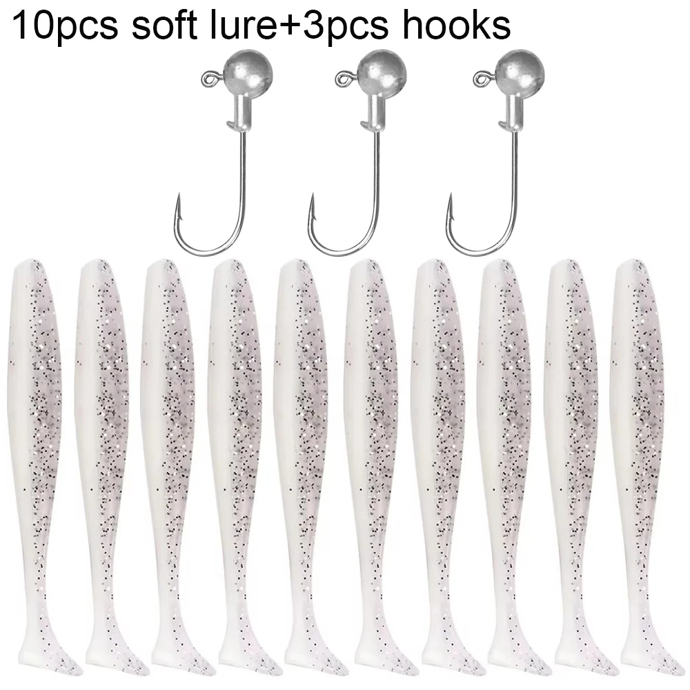 10PCS Weicher Köder 5,5 cm 7cm 10cm T Schwanz Wurm 3PCS Jigging Kopf Haken 3g 5g 10g Metall Jig Karpfen Angeln Pesca Swimbait Getriebe Kit Köder