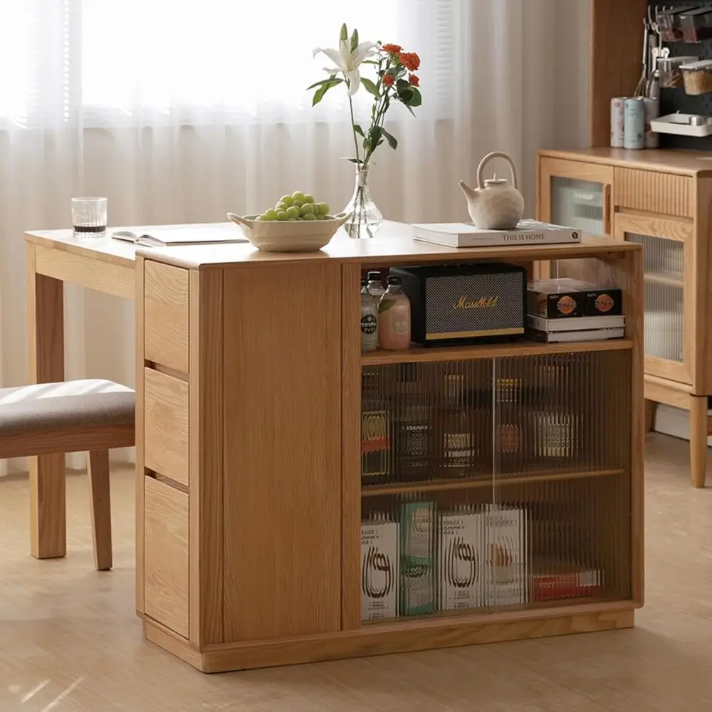 Solid Oak Sideoard Coee ar Cainet, Doule-Sided Stoitluted Glass Sliding Door & Ders, ully Asmled -Century ern Cainet or Kitcen,