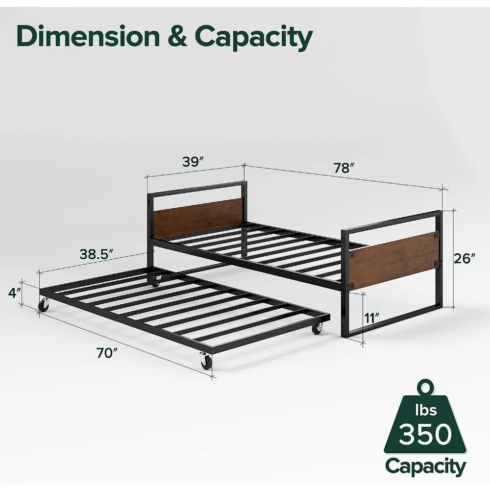 Suzanne Bamboo and Metal Daybed with Trundle / Mattress Foundation with Steel Slat Support / Easy Assembly, Twin