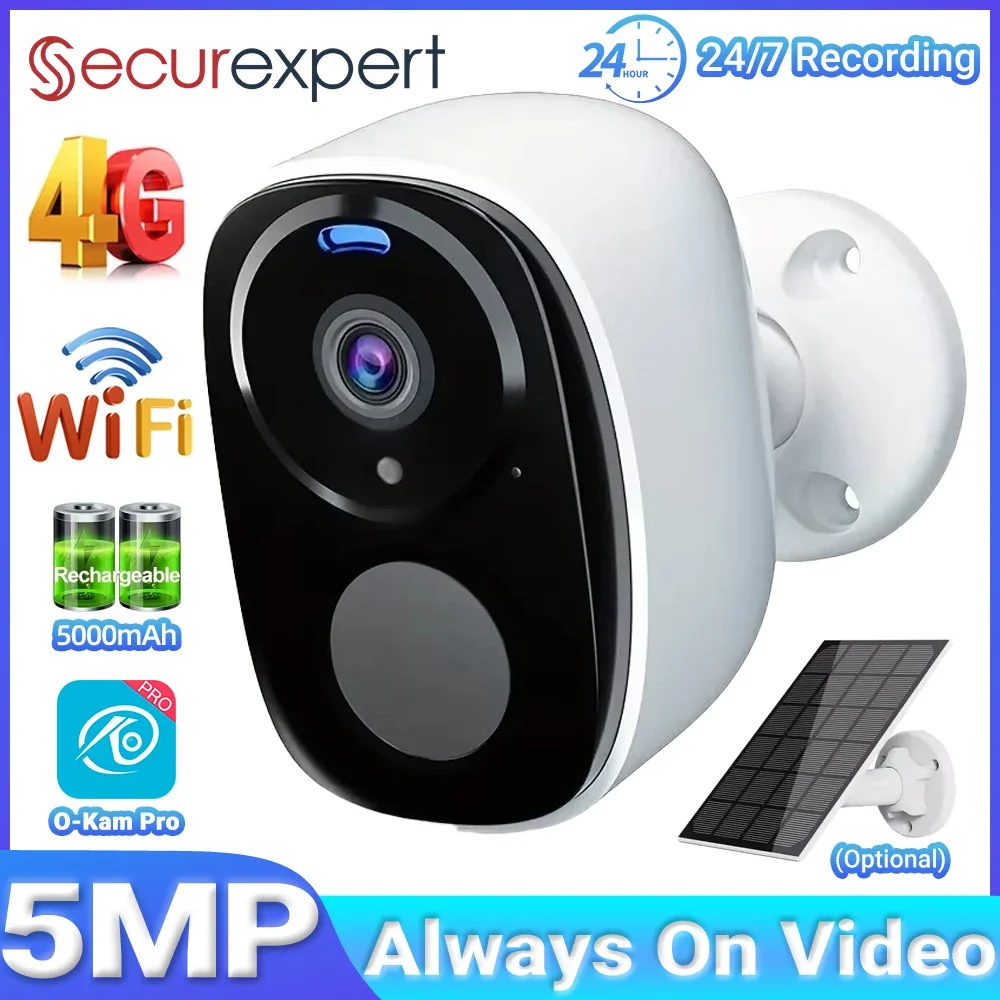 كاميرا أمان تعمل بالطاقة الشمسية 5MP 4G 2.4G WiFi لاسلكية خارجية ملونة للرؤية الليلية تعمل بالبطارية تدعم PIR صوت ثنائي الاتجاه مقاوم للماء