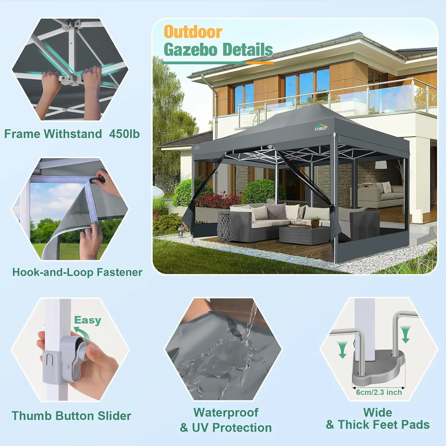 10x15 Heavy Duty Pop Up Canopy Tent with Mosquito Netting Sidewalls, Customized