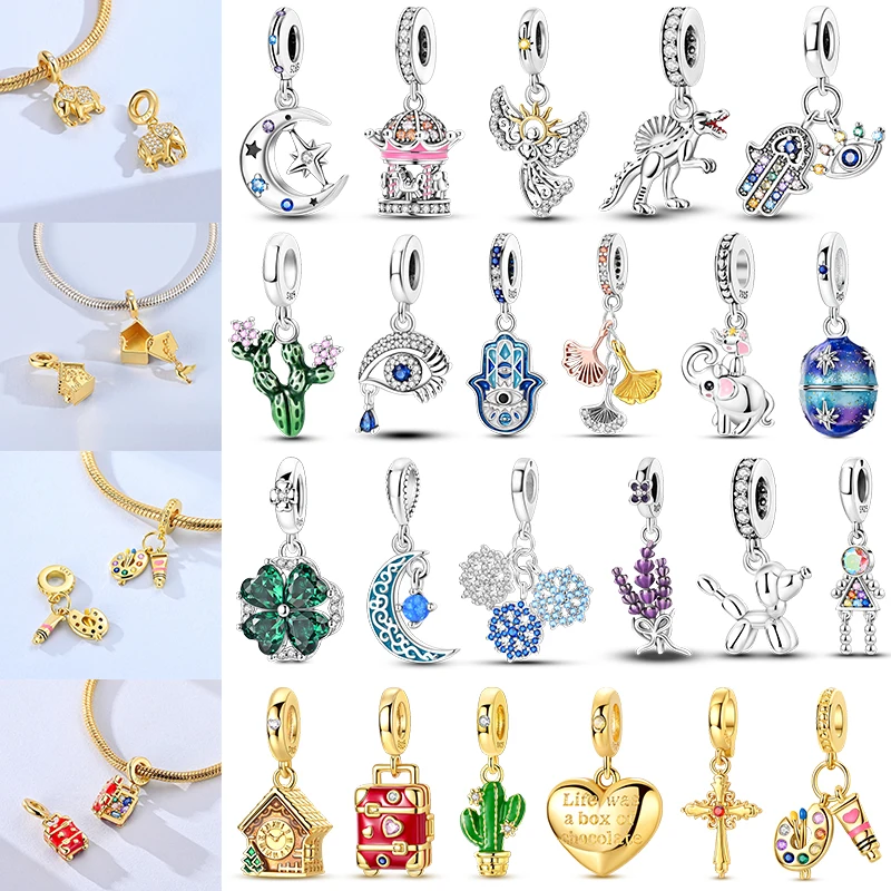 925 Sterling Silver Colorful Flower Charm Green Zircon Elephant Love Four-leaf Fit Original Bracelet DIY Jewelry Gifts For Women