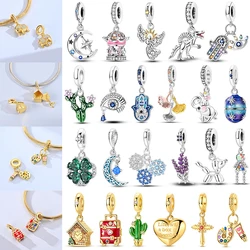 925 Sterling Silver Colorful Flower Charm Green Zircon Elephant Love Four-leaf Fit Original Bracelet DIY Jewelry Gifts For Women