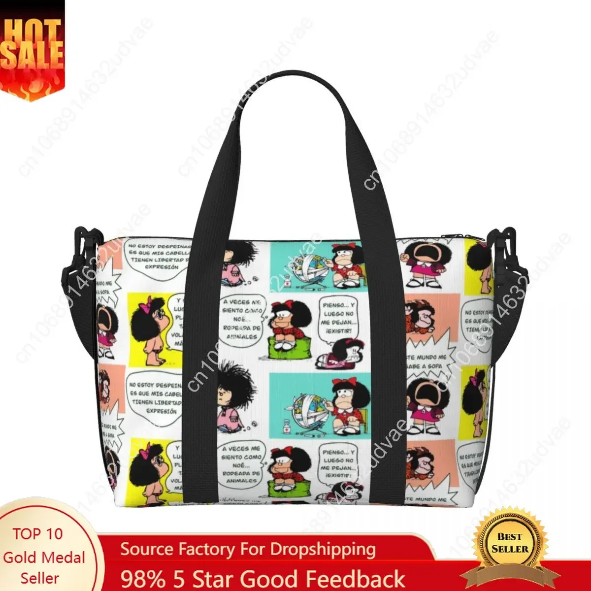 Custom Manga Quino Mafalda Beach Tote Bag Women Extra Large Gym Carry On Kawaii Cartoon Travel Shopping Bags