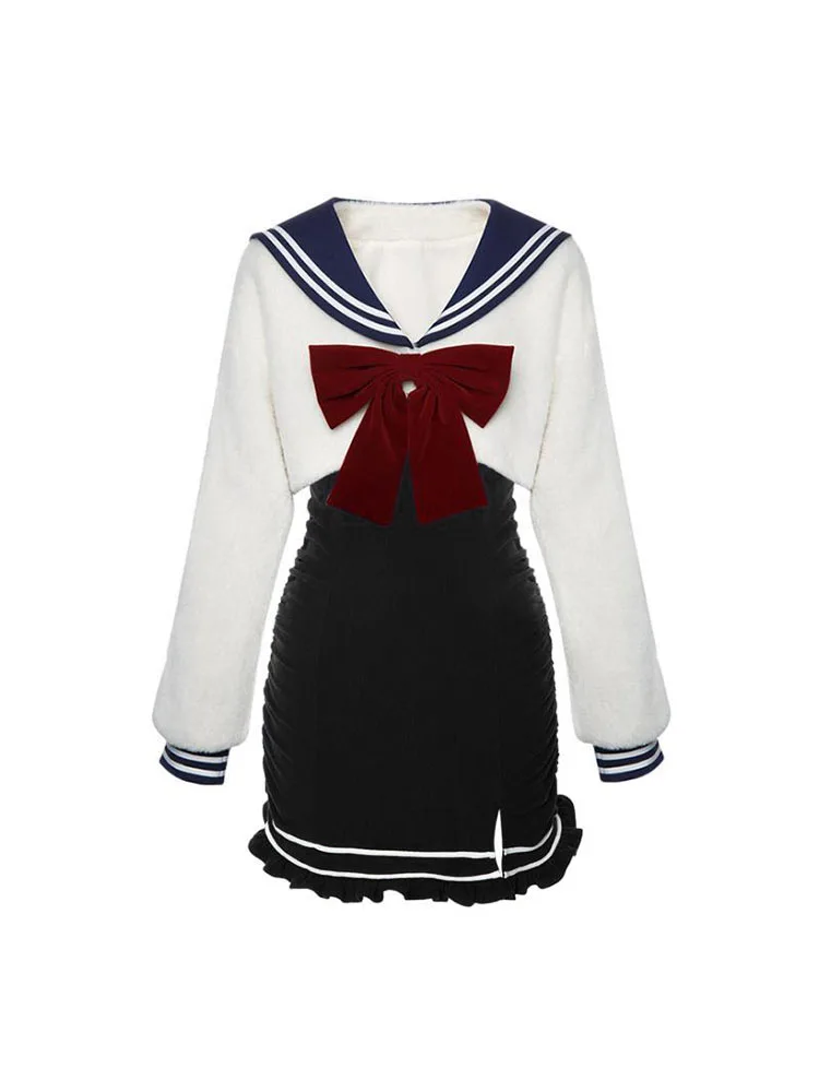 2025 خريف جديد Y2k لطيف مجموعة سترة فستان البدلة Preppy البحرية طوق القوس بأكمام طويلة البلوز الأسود تريكو فستان النساء الملابس #1