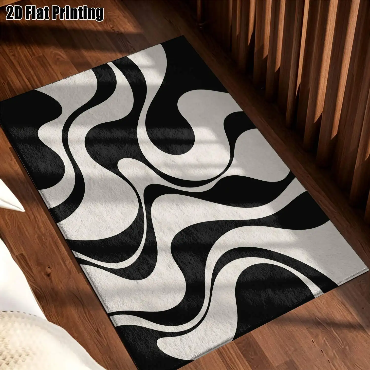 1Pc 2D Printed Black-White Abstract Art Nordic/Instagram Style Modern Minimalist Geometric Striped Carpet, Machine Washable, Multi-Size, Ideal for Home Decor, Entryway/Dining Room/Foyer/Bedroom/Living Room