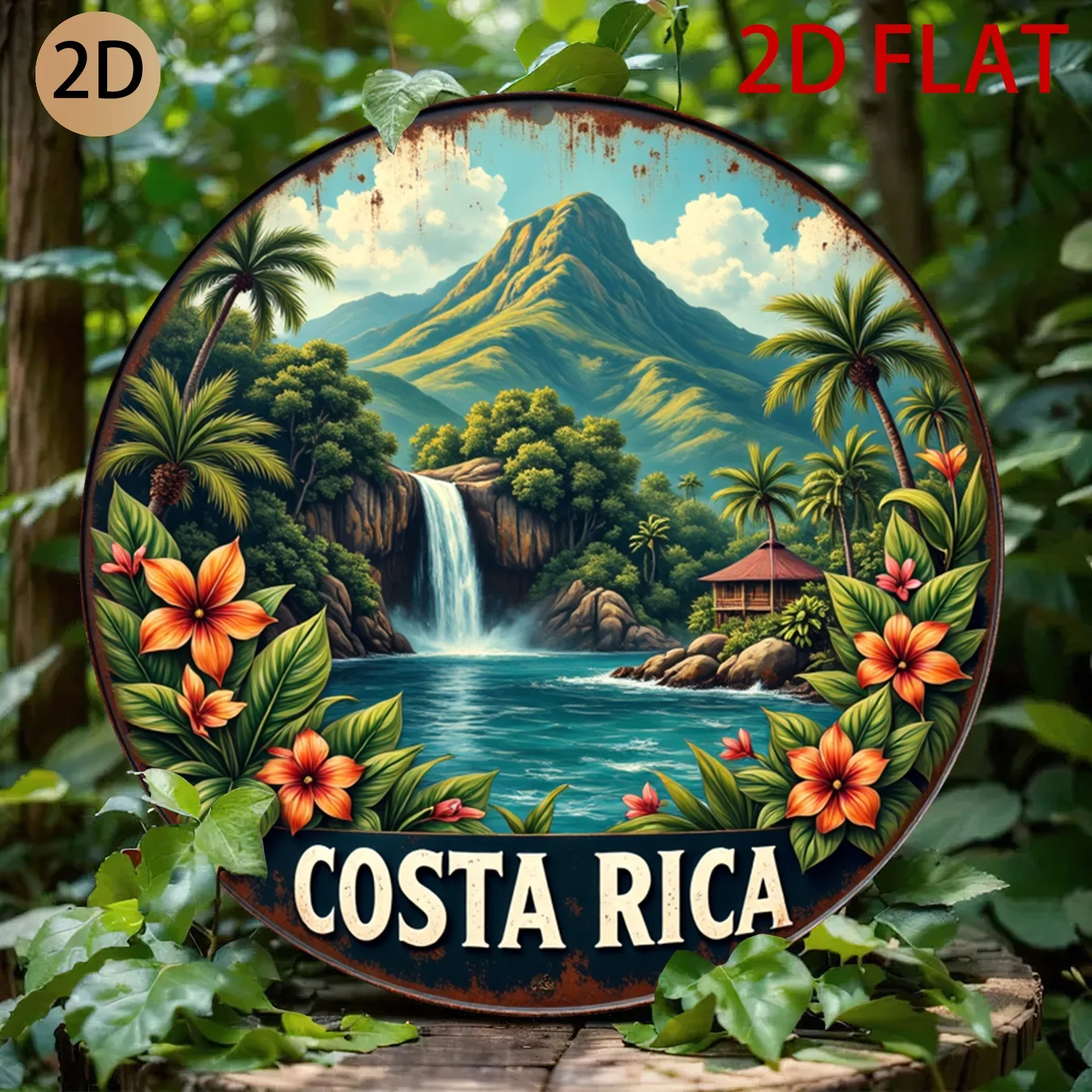 2D Flat, Retro Tropical Costa Rica Metal Wall Art - Circular Aluminum Sign with Vibrant Landscape Design, Perfect for Home, Bar,