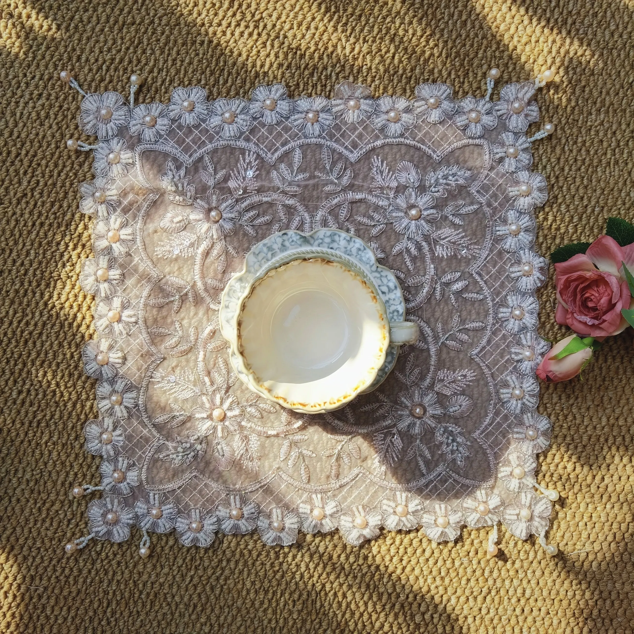 Pink Embroidered Placemats Lace Napkins Luxurious Handmade Beaded Coasters Furniture Decor Small Covers Birthday Table Decor view 2